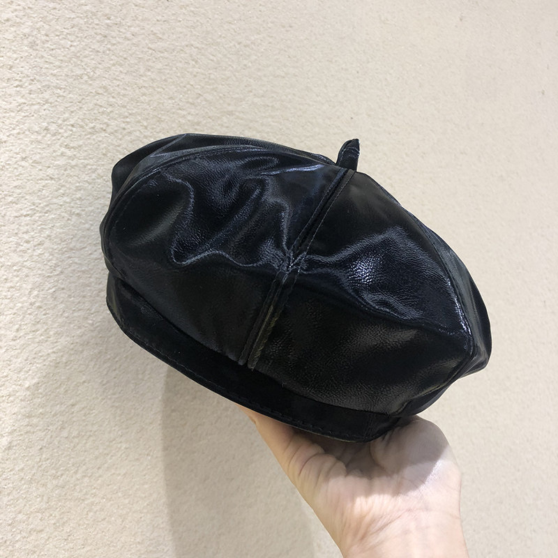 韩国pu皮质八角南瓜贝雷帽子女日系复古小众黑色百搭英伦蓓蕾帽潮