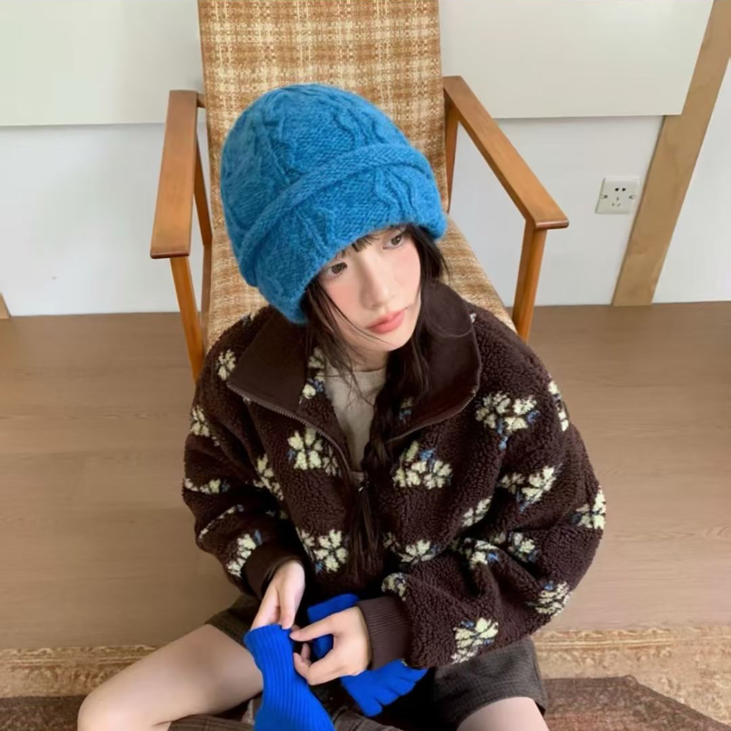 韩系手工针织套头帽女冬季保暖百搭护耳麻花水桶盆帽毛线帽子冷帽