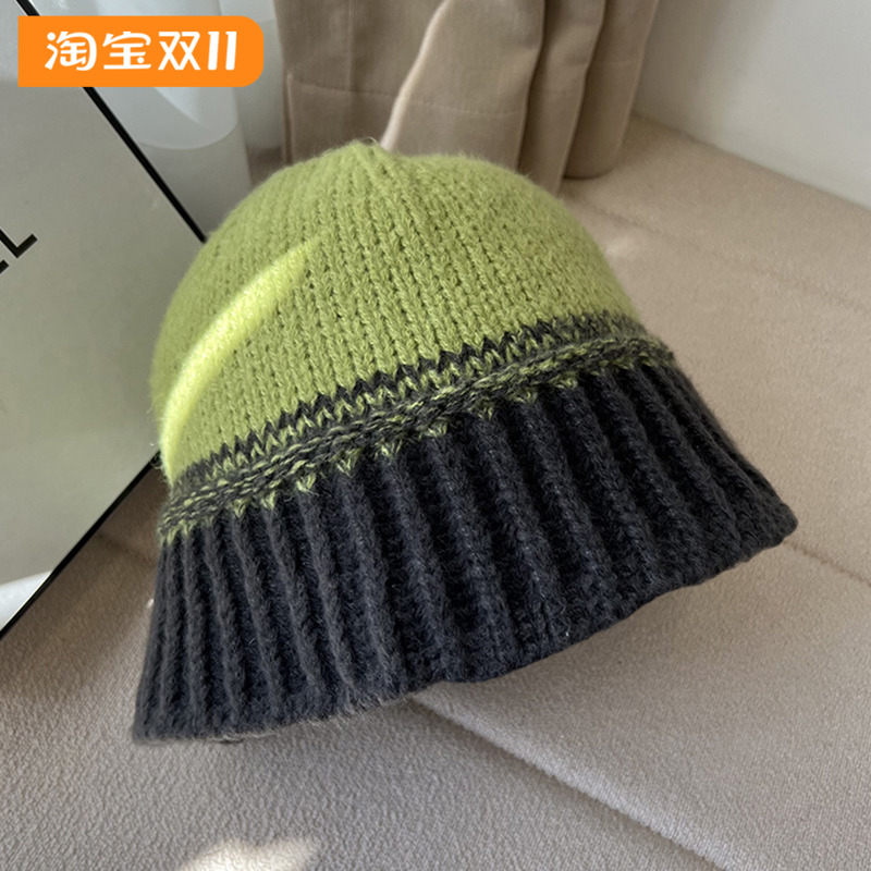韩国拼色针织渔夫帽男女通用