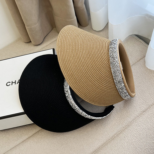 夏季新款空顶帽子女韩版百搭遮阳防晒水钻大沿发箍沙滩草编太阳帽
