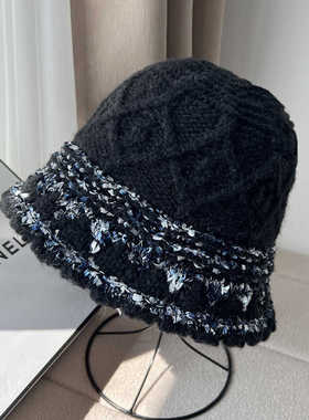 小香风格渔夫帽女秋冬大头围保暖显脸小水桶帽子百搭针织毛线盆帽