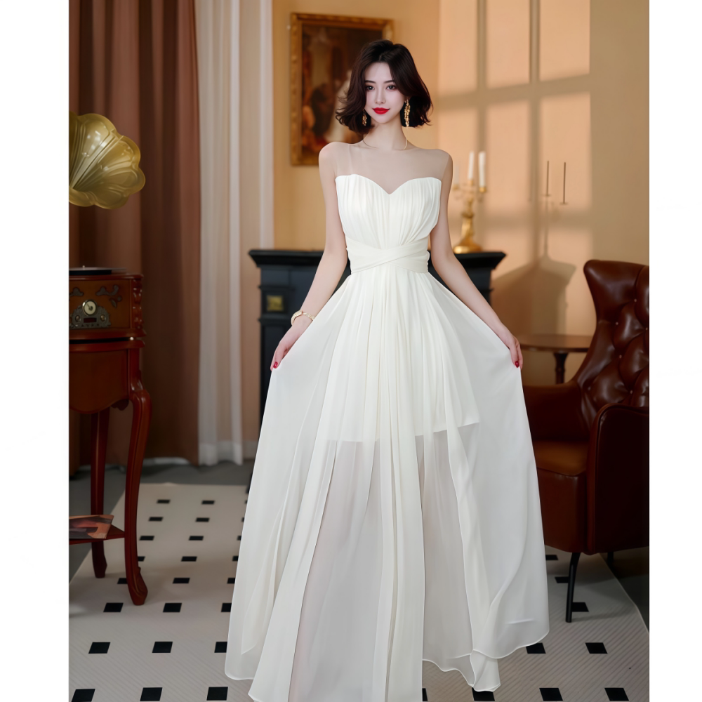 2026年夏季新款法式气质女神范修身款纯色无袖网纱拼接背心长裙女