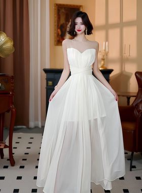 2026年夏季新款法式气质女神范修身款纯色无袖网纱拼接背心长裙女