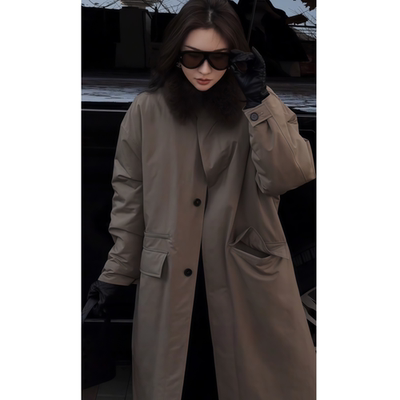 长款浅灰色毛绒夹棉款风衣外套女