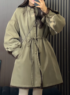 浅绿色立领棉衣外套女抽绳中长款