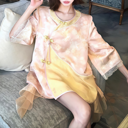 2025年夏季新款中式国风精致小香风姜黄色盘扣上衣网纱裙裤套装女