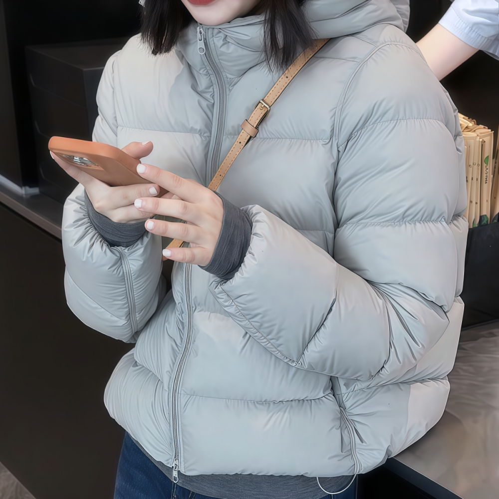简约短款银灰连帽羽绒服外套