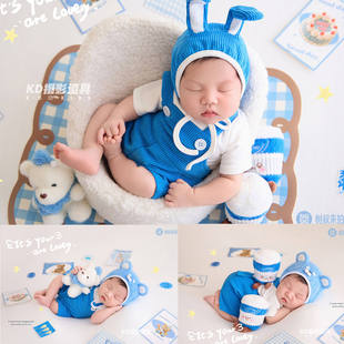 KD满月道具新生儿拍照兔耳朵帽初生婴儿摄影服装影楼月子照主题