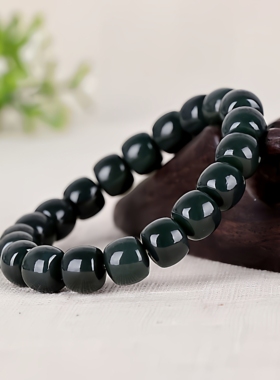 天然正品和田玉黑青直切老型珠手串男女款玉石手链手串玉佩证书