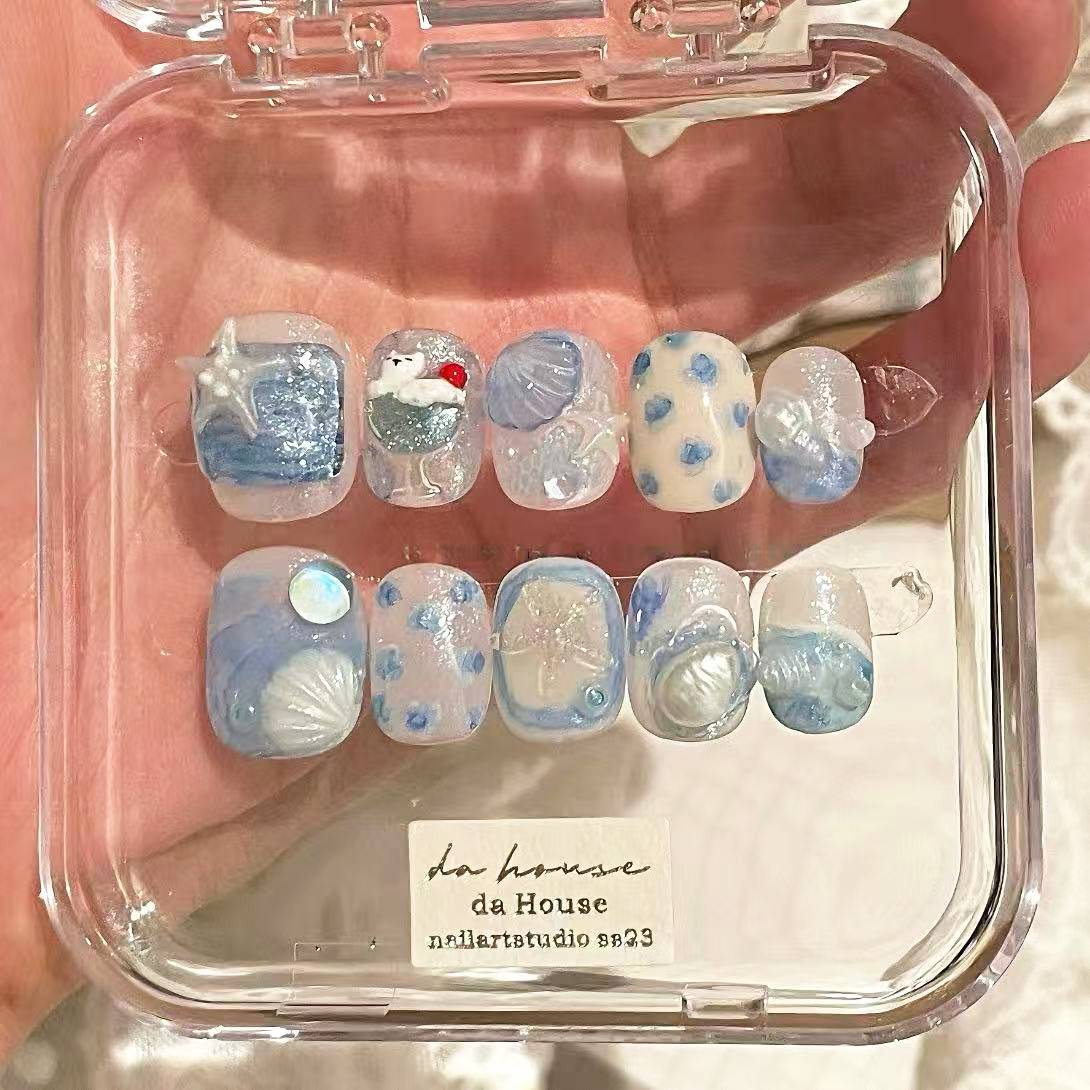小红书爆款韩系少女心蓝色猫眼豆豆甲穿戴甲3D海洋风清透美甲贴片