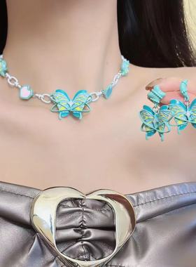 甜酷星月滴油彩蝴蝶项链女小众轻奢y2k辣妹耳饰锁骨链配饰潮批发