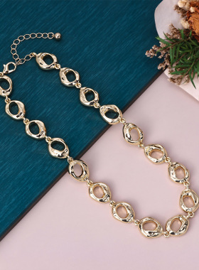 简约金色椭圆链条项链毛衣链套装