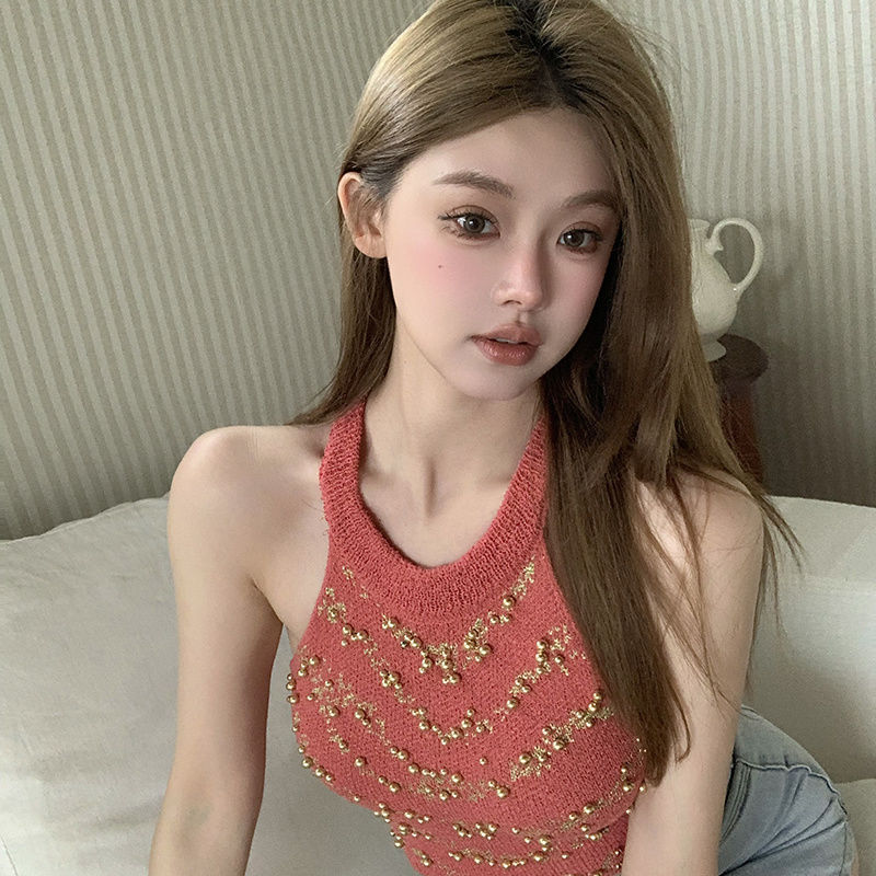 重工钉珠金线提花性感短款挂脖背心女夏无袖露肩针织吊带上衣外穿