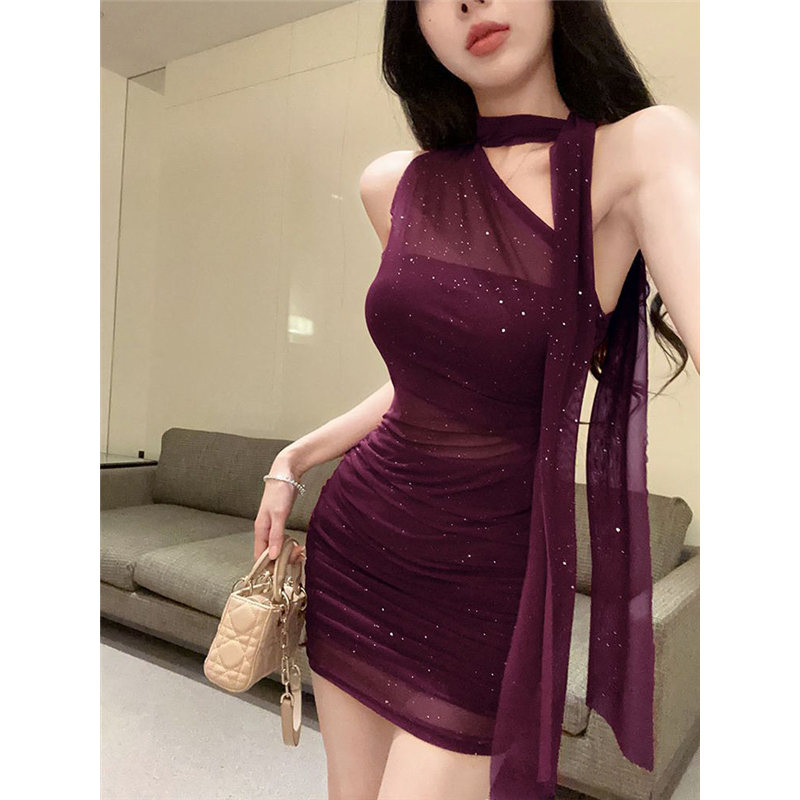 气质收腰修身纯欲风亮片网纱辣妹拼接连衣裙性感夏季显瘦包臀短裙