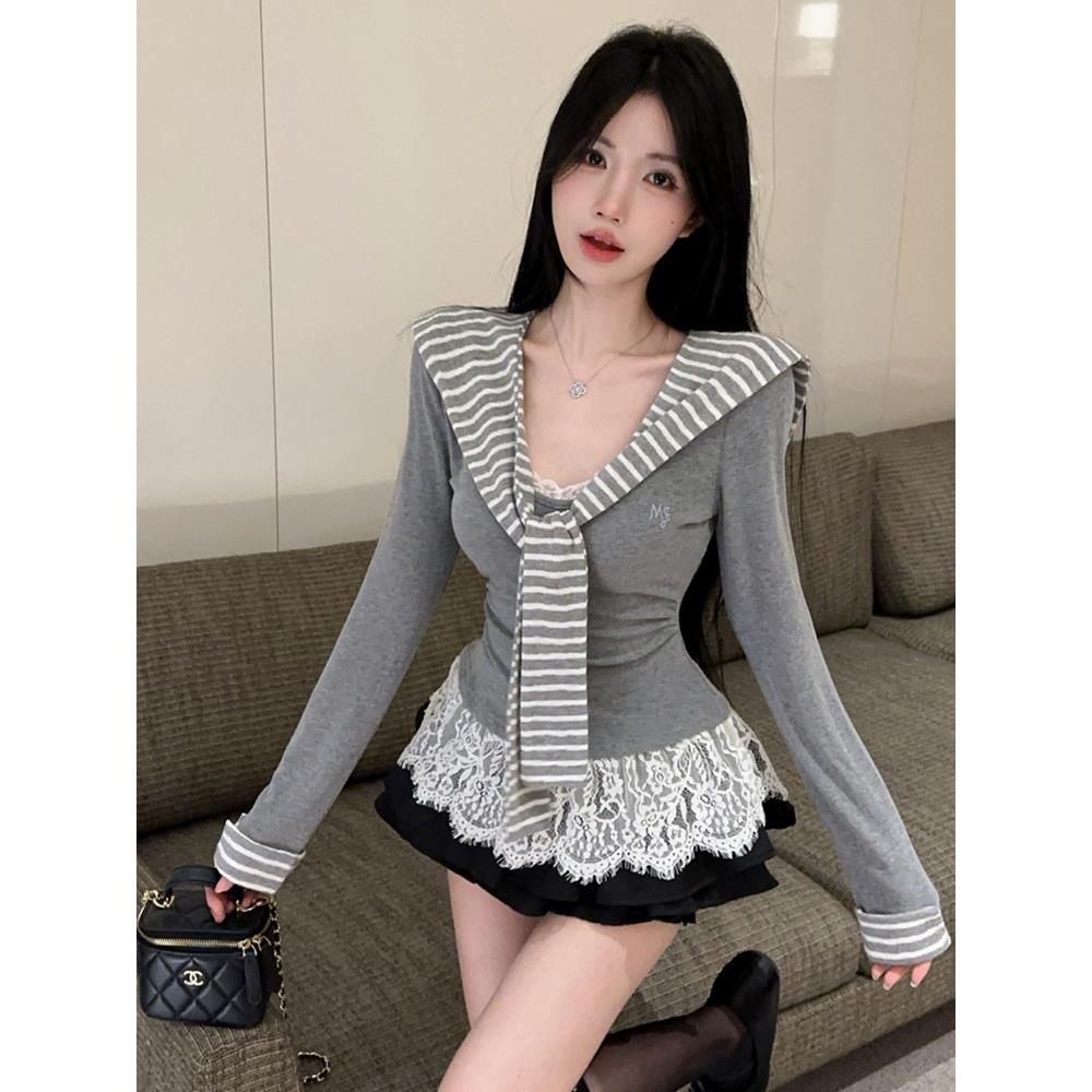 甜辣复古纯欲气质修身蕾丝花边披肩V领长袖上衣+蓬蓬半身裙jk套装