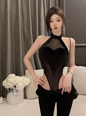 新款网红主播时尚性感黑色爱心挂脖王网纱背心性感打底连体衣