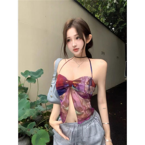 2024美式印花吊带背心女夏季泰式甜辣妹高级感不规则抹胸挂脖上衣 - 封面
