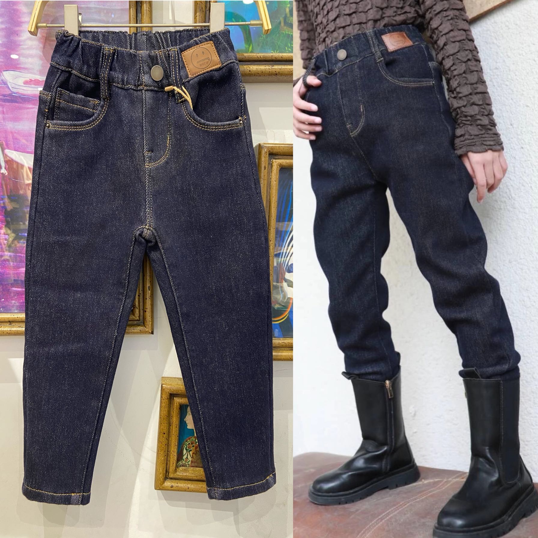 锦绣园品牌 冬装男童女童可亲子深蓝一体绒牛仔裤长裤 218元