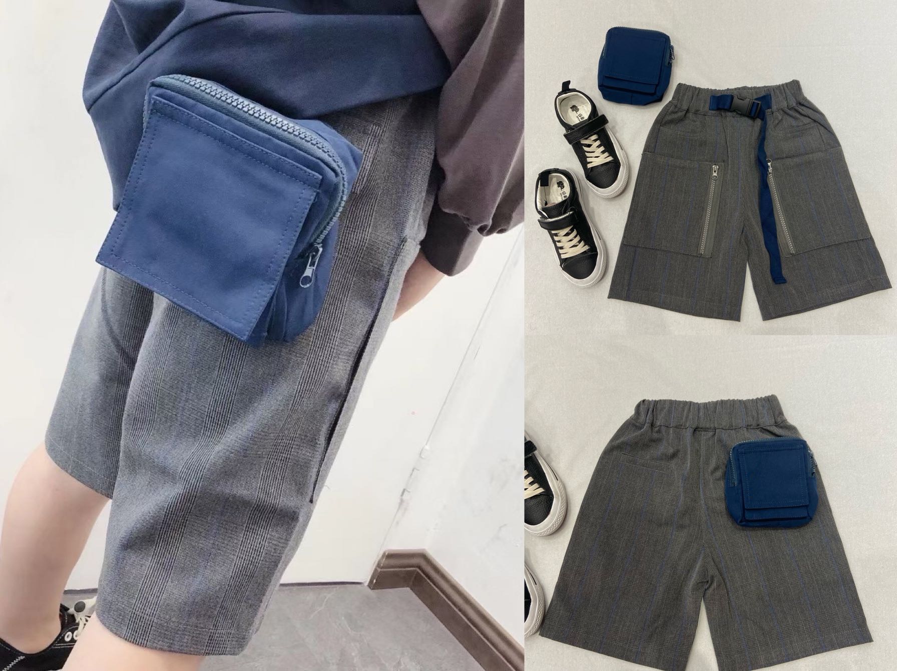 BDT KIDS品牌 春夏秋 男童 灰色細格中褲配小包