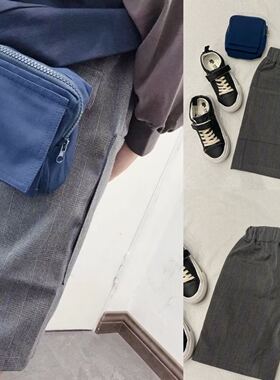 BDT KIDS品牌 春夏秋 男童 灰色细格中裤配小包