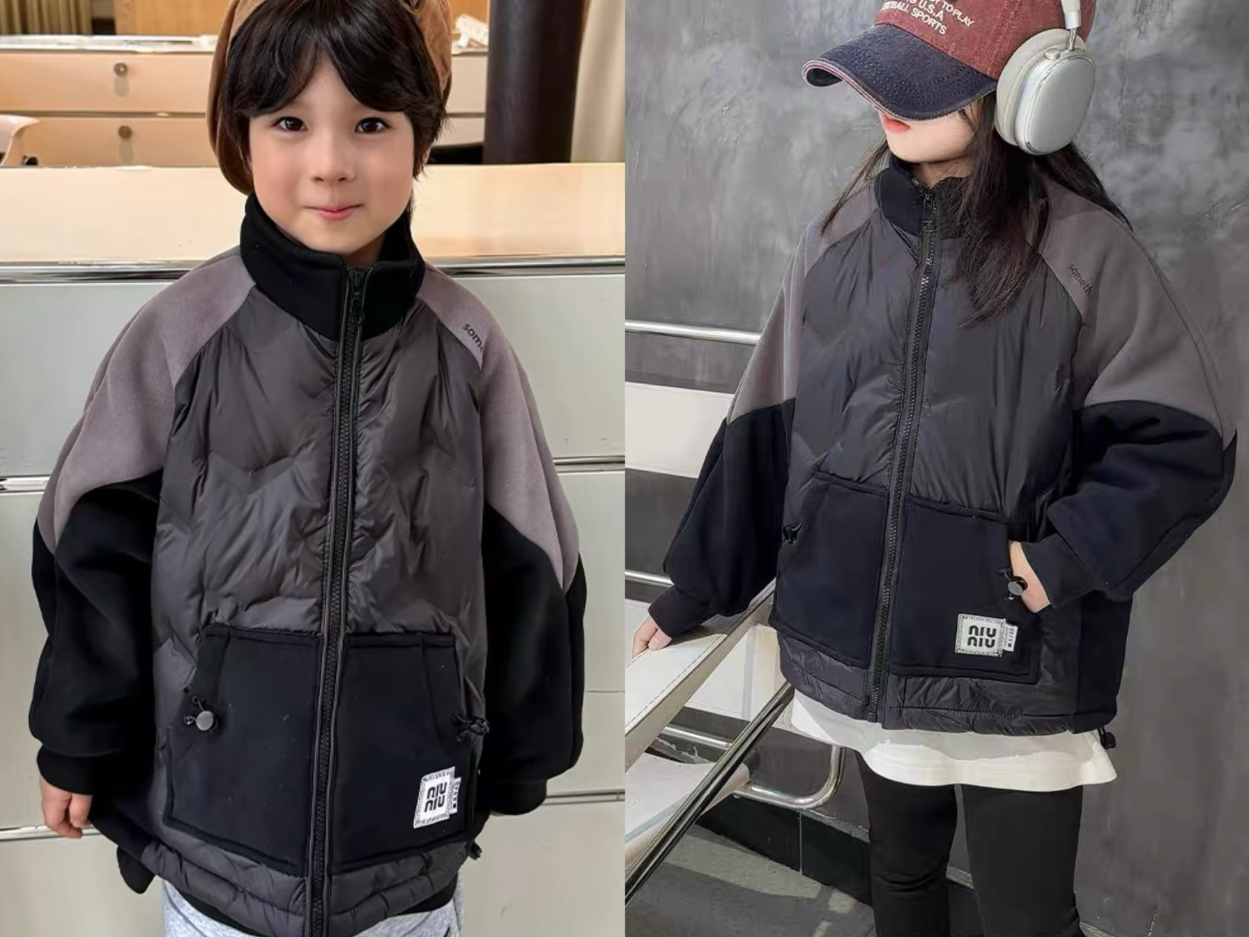 深秋冬 男童女童 黑灰拼接身体80绒轻薄羽绒拉链开衫外套 120-170