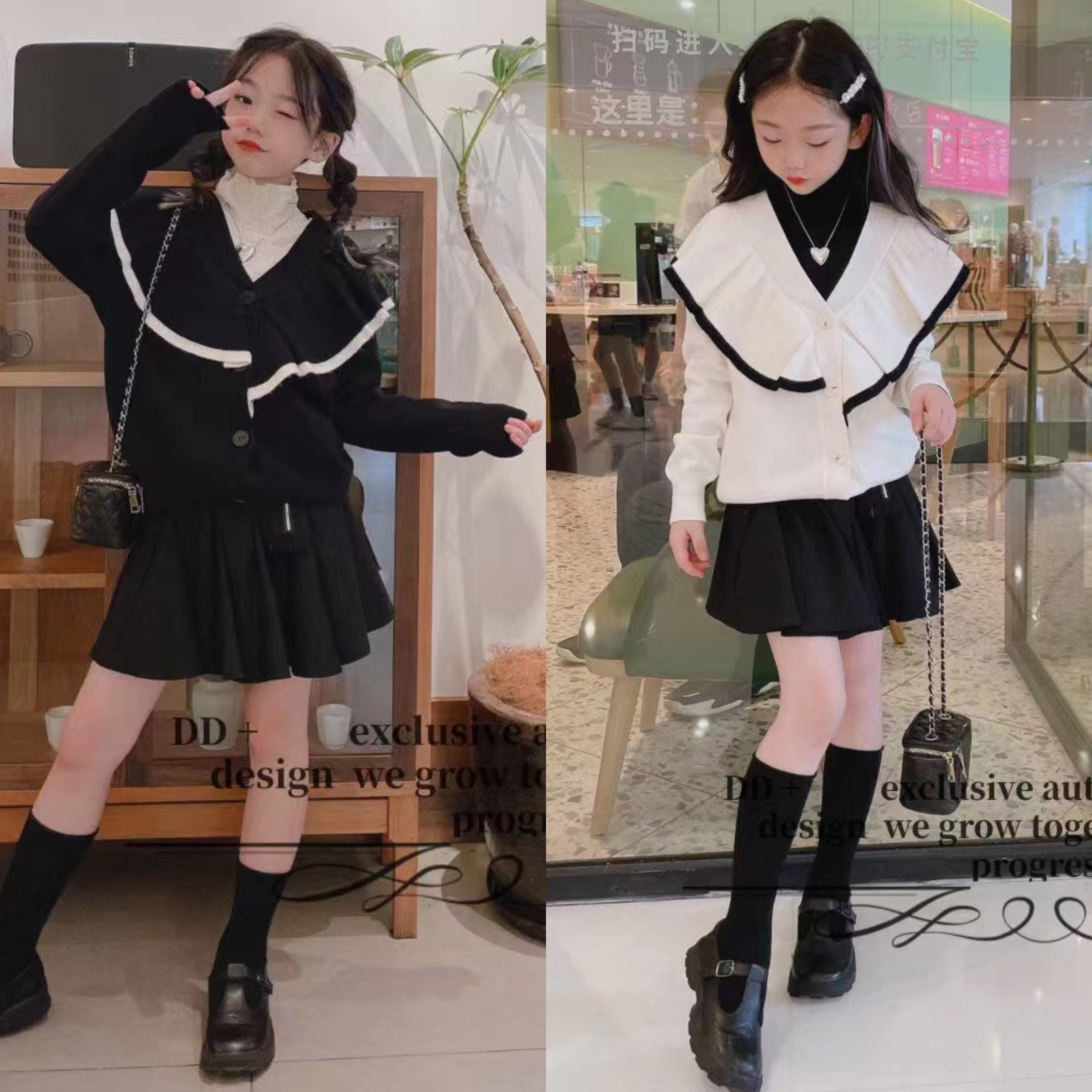 Half modern 女童可亲子 黑色 白色 木耳边毛衣开衫 300元