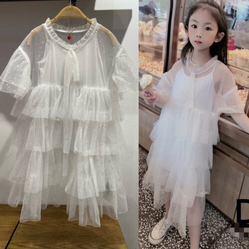 女童白色纱裙连衣裙公主裙2件套