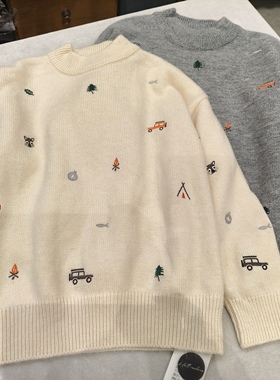 Half modern 秋冬年装男童女童可亲子米白灰色刺绣毛衣针织衫 220