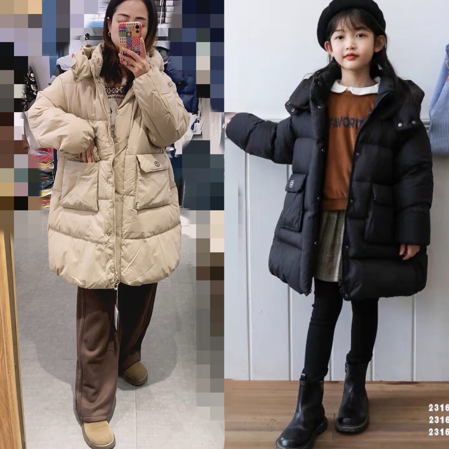 冬装男童女童可亲子黑色米色90白鸭绒羽绒服外套 589 679 789