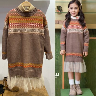 冬年女童卡其蕾丝拼接针织