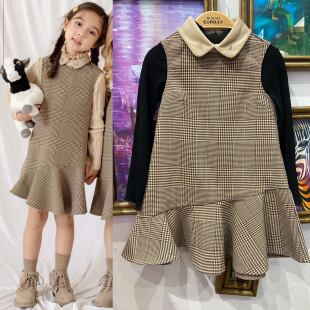 秋装新品 女童 卡其格 学院风翻领背心裙 379元