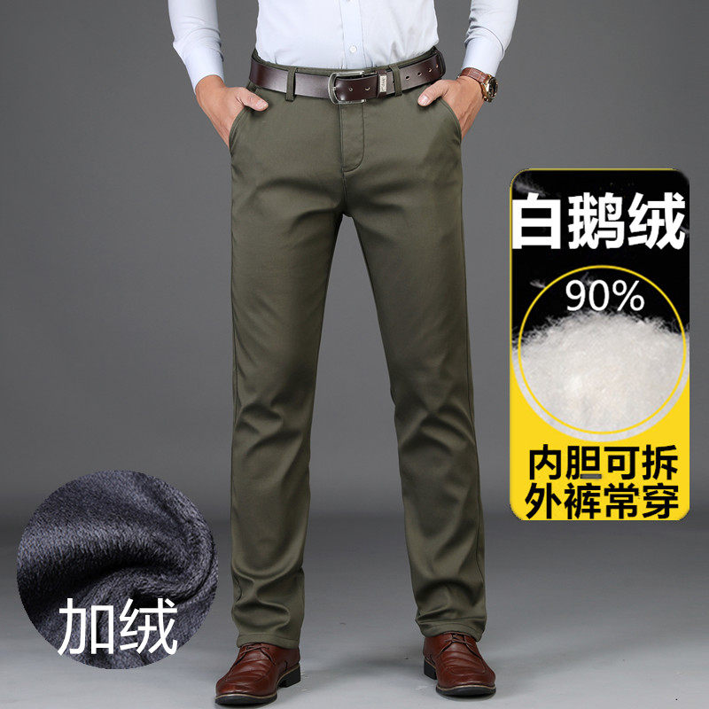 羽绒裤男外穿加厚加绒冬季保暖裤中年青年户外宽松高腰休闲白鹅绒