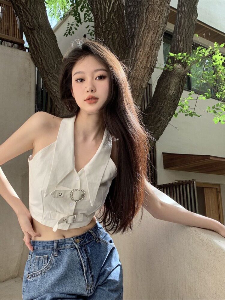 白色无袖吊带背心女夏季甜酷辣妹纯欲小心机短款挂脖内搭上衣外穿