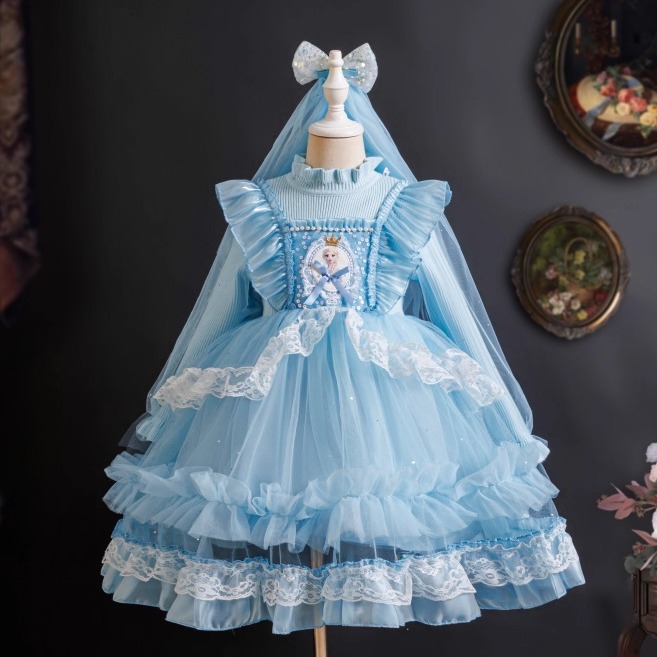 爱莎公主裙女童加绒连衣裙儿童艾莎毛衣裙洛丽塔礼服篷篷裙子冬款
