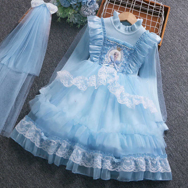 爱莎公主裙女童加绒连衣裙儿童艾莎毛衣裙洛丽塔礼服篷篷裙子冬款