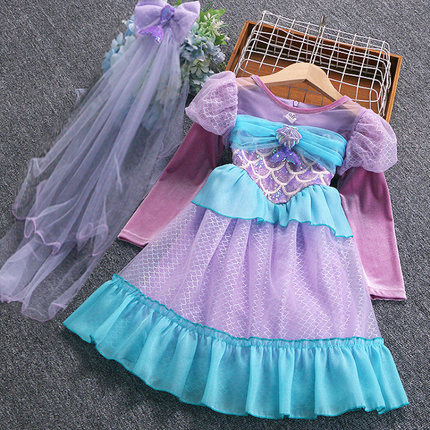 女童美人鱼公主裙秋季儿童紫色蓬蓬人鱼姬生日礼服洋气亮片连衣裙