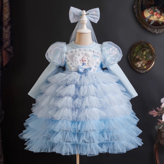 女童连衣裙爱莎公主裙冬款艾莎加绒保暖纱裙蛋糕裙公主礼服裙子