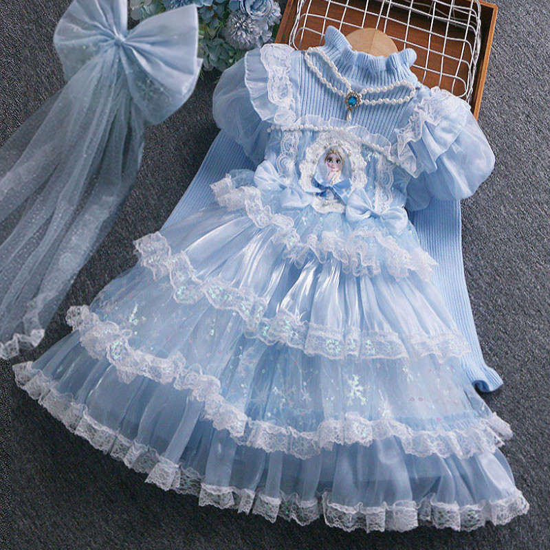 女童爱莎毛衣公主裙2025秋季韩版洋气儿童艾莎礼服童装网纱连衣裙