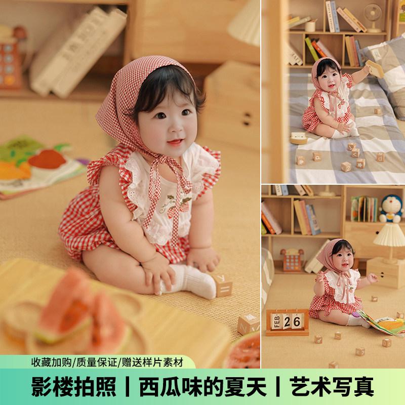 儿童摄影服装夏天西瓜主题红格子裙宝宝头巾百天照周岁照影楼拍照图片