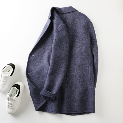 双面呢羊毛混纺修身帅气中长款男士毛呢大衣秋冬季西装领呢子外套