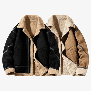 日韩潮流麂皮绒休闲翻领加厚保暖棉夹克秋冬季短款御寒茄克衫外套