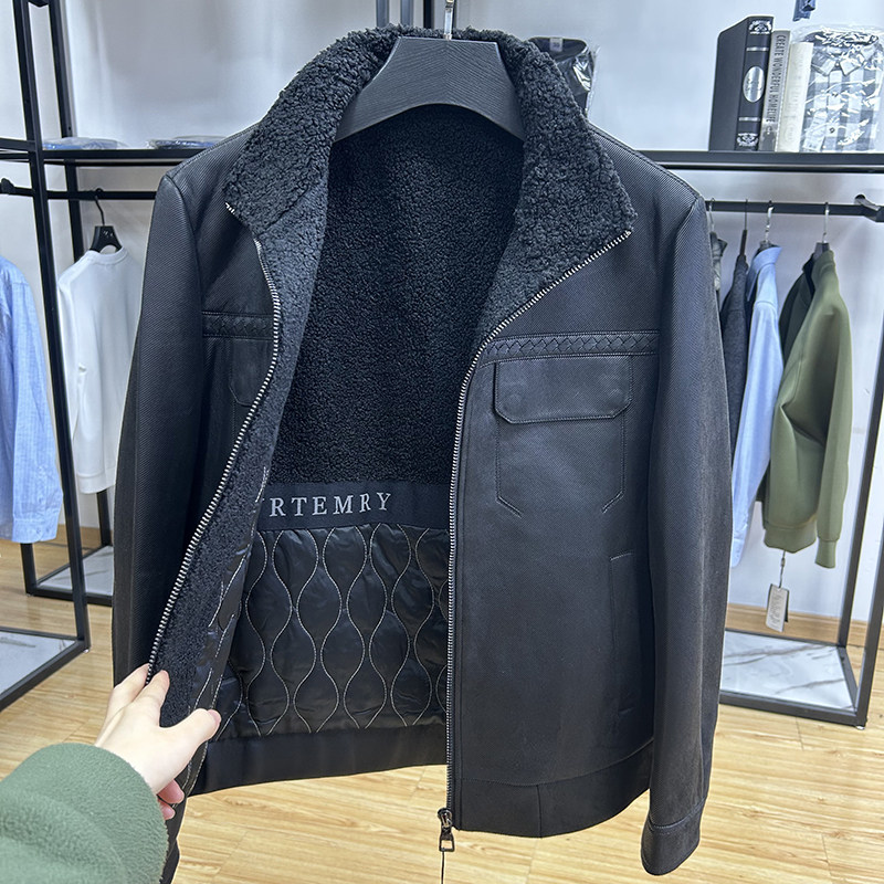 仿皮质抗风御寒加厚保暖翻领男士夹棉夹克秋冬季修身时尚外套茄克