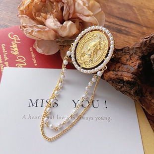 复古巴洛克美人头徽章领花~树叶头像别针小众设计感中古流苏胸针