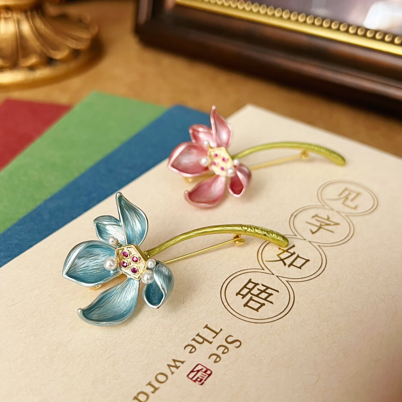 古风爱莲宫廷复古彩绘莲花胸针女西装胸花配饰毛衣开衫披肩扣饰品