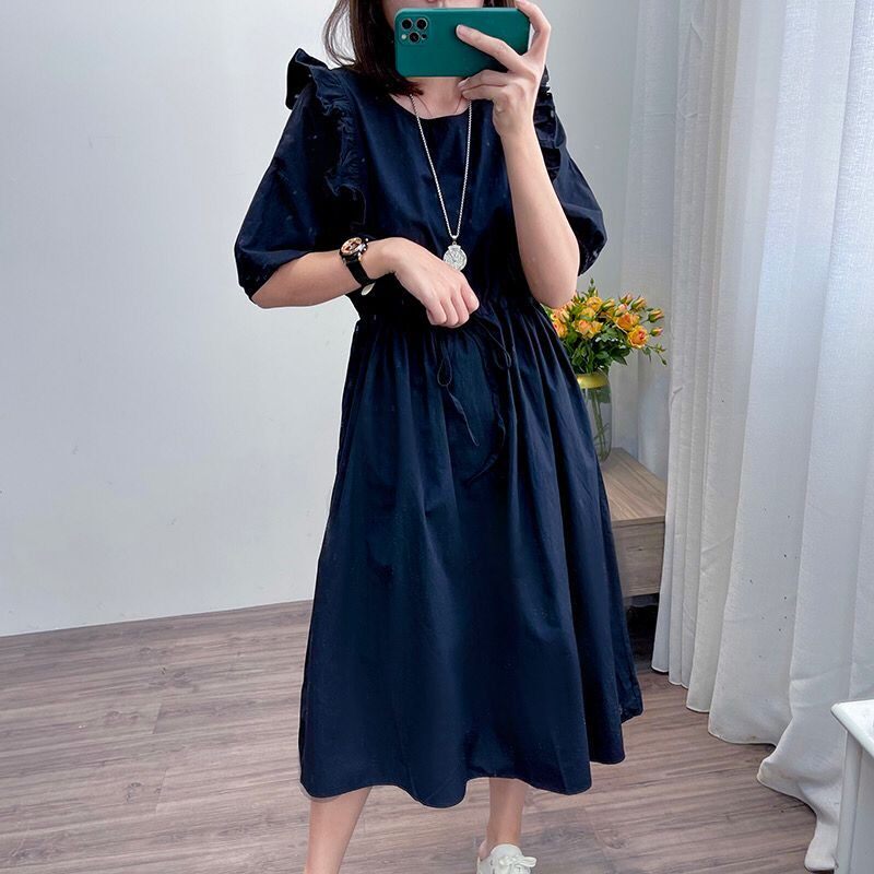 夏新款法式拼接木耳边仙女泡泡袖裙子女装连衣长裙纯棉夏商场撤柜