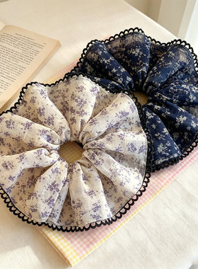 新中式灰色碎花大肠发圈复古气质