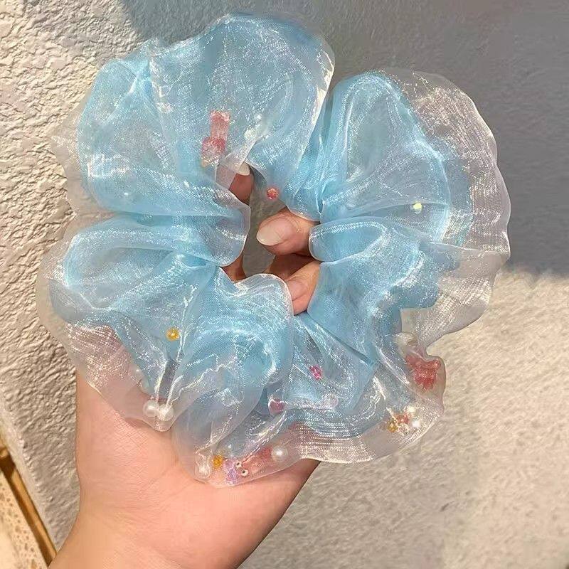 夏日浅蓝色网纱大肠发圈珍珠亮片仙系少女扎发绳显白减龄头花