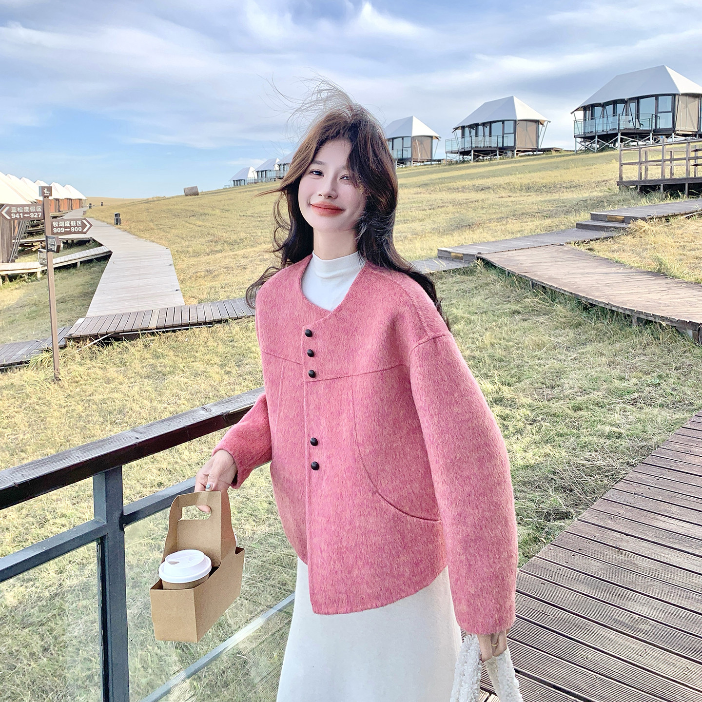 新款现货！数据好秋冬双面羊绒短款大衣2C296-9555-P225-K318，女装羊绒大衣，2C296