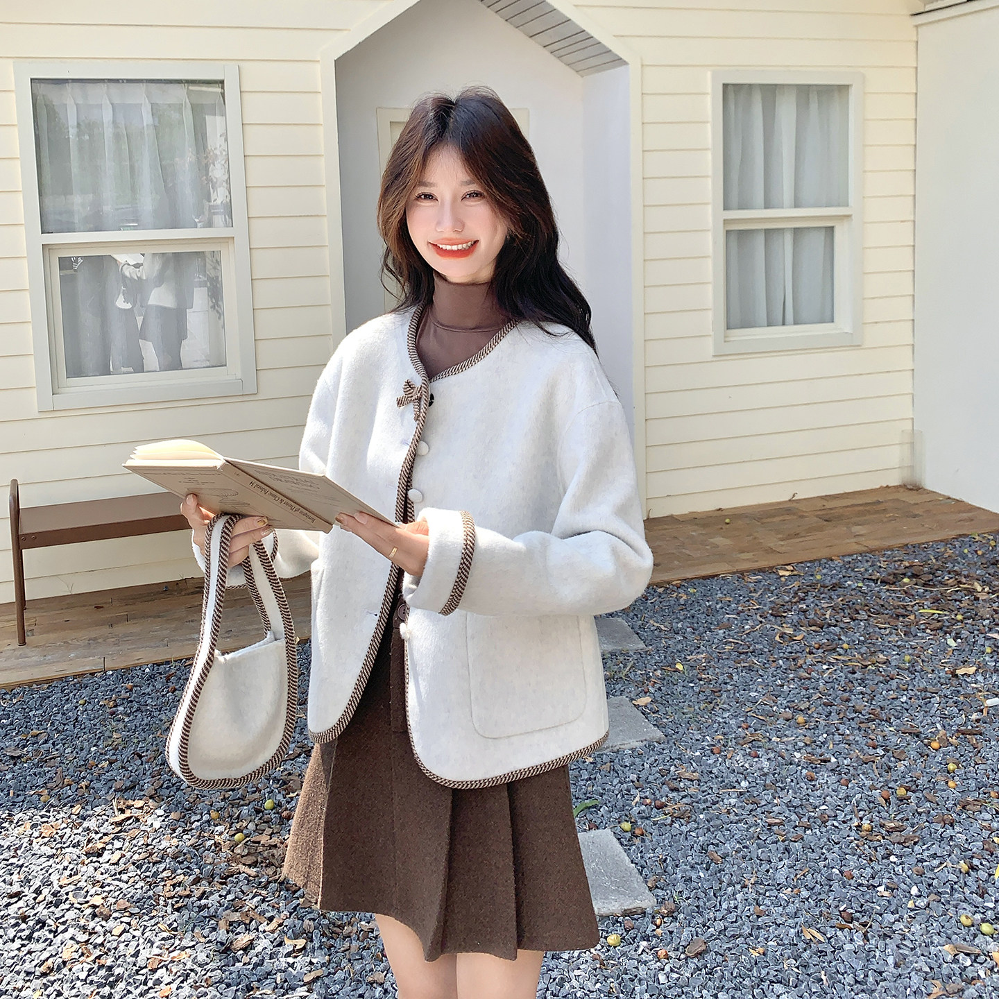 新款现货！秋冬带包包羊毛双面呢大衣短外套2C296-9551-P245K328,女装毛呢外套,2C296