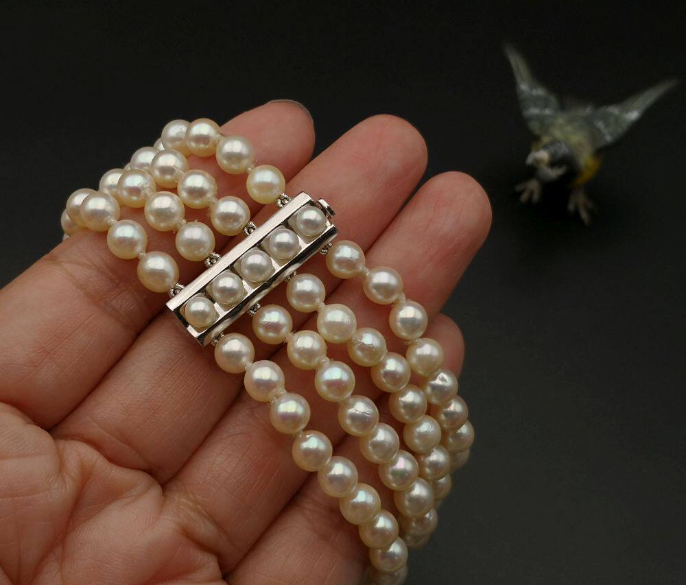 德国585/14K白金AKOYA海水珍珠四股手链 颗颗小灯泡  18cm 38.8g